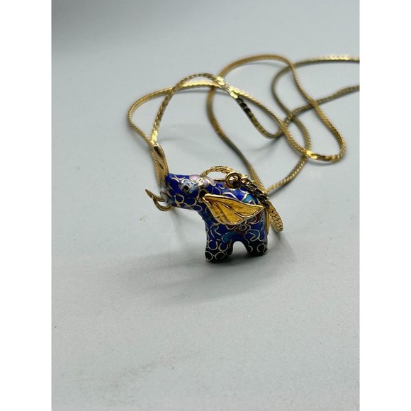 Vintage Cloisonne Elephant Necklace Dimensional Blue Enamel and Gold Tone Chain - Picture 7 of 8